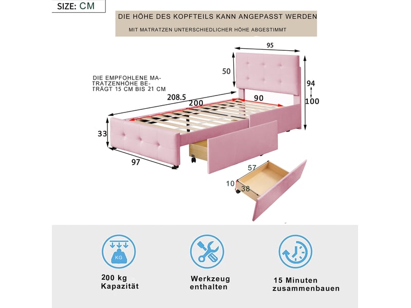  Lit simple 90x200 cm avec rangement intégré, sommier à lattes, velours rose  - Conforama E