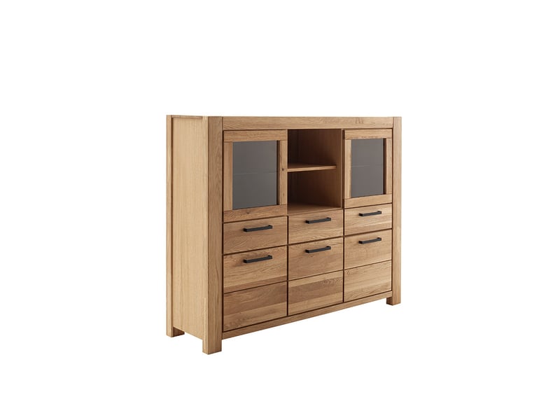  Buffet vitrine 3 portes 3 tiroirs et 2 portes vitrés, coloris chêne naturel - longueur 172 × profondeur 45 × hauteur 140 cm  - Conforama A