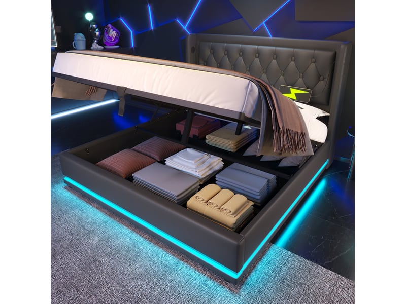  Lit coffre 160x200 cm, usb type-c et led 3 côtés, pu, noir sans matelas  - Conforama C