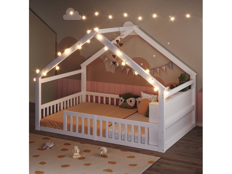  Lit cabane enfant 140x190 cm avec barrières, perles led et rangements intégrés en bois de pin blanc sans matelas  - Conforama E