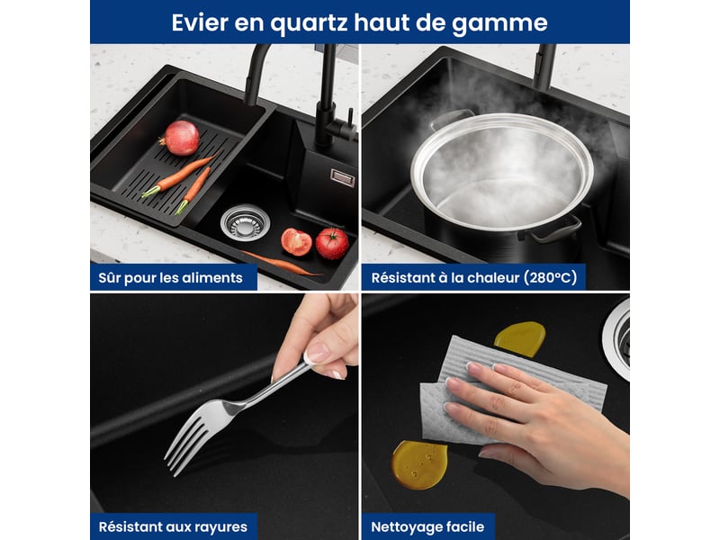  Cecipa max évier en granit 65x45 cm - évier de cuisine noir - avec système d’évacuation et panier égouttoir  - Conforama D