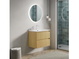 Meuble sous-vasque mural 69x47x63 cm avec lavabo céramique rectangulaire, 2 tiroirs, bois, blanc et chêne doré