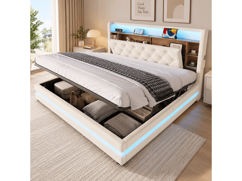  Lit coffre rembourré 180 x 200 cm, rangement hydraulique, tête de lit avec étagères, led, 2 usbtype-c, sommier à lattes, velours, beige Seren Glow - Conforama B
