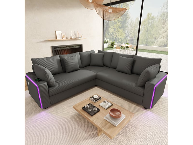  Canapé d'angle 198x198x83 cm led usb gris  - Conforama C