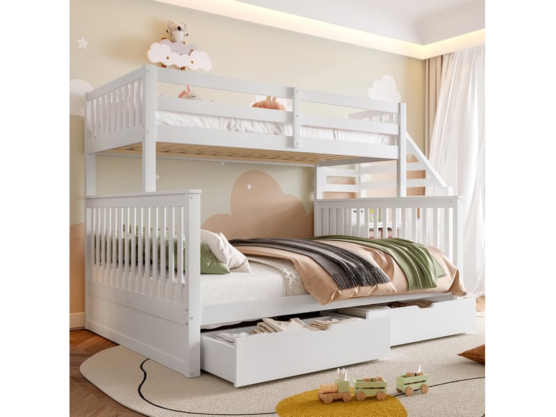  Modenvie lit superposé 90x200 cm + 140x200 cm - avec tiroirs et échelle latérale, sans matelas - blanc  - Conforama E