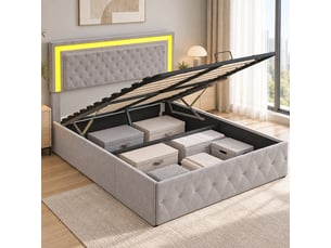 Lit coffre 2 places 160x200 cm, lit adulte avec rangement, tête de lit réglable, lit double, led, velours beige