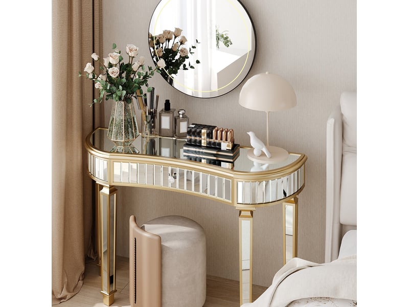 Console demi-lune avec tiroir et miroir, verre rainuré, pour entrée ou salon, doré et argenté, 120 × 38 × 78 cm - Conforama B