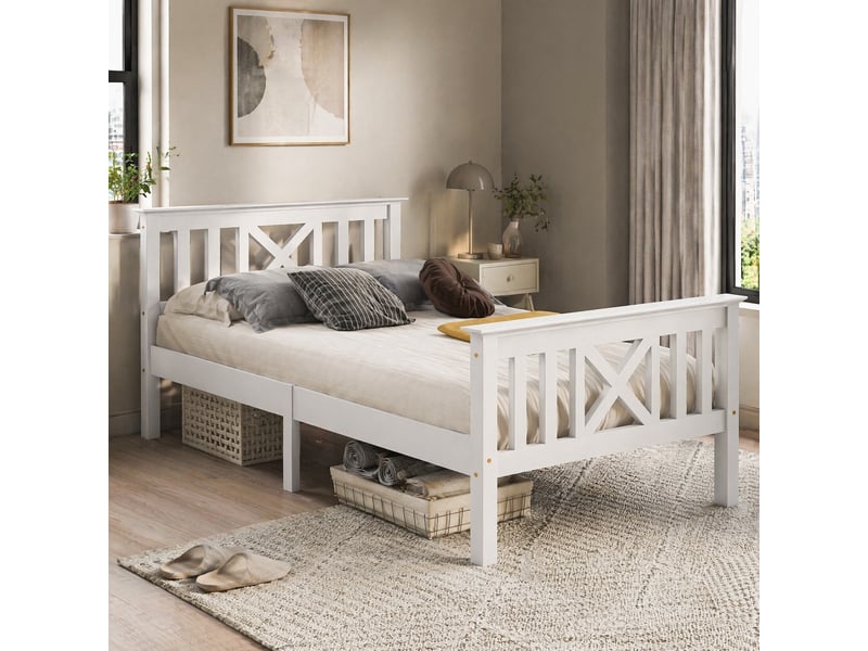  Lit simple 90x200 cm avec tête de lit en x, bois de pin et mdf blanc  - Conforama C