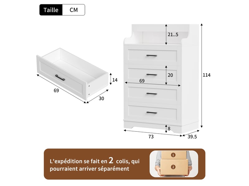 Commode 4 tiroirs - 73x39.5x114cm - meuble de rangement avec niche ouverte, bande led rgb réglable, style scandinave - blanc  - Conforama E
