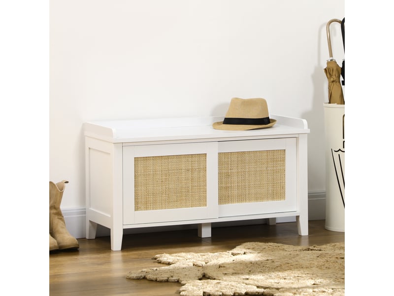  Meuble à chaussures avec banc intégré, 2 portes, style cannage en rotin, charge maximale 130 kg, pour entrée, 80 x 35 x 45 cm, blanc et naturel  - Conforama C