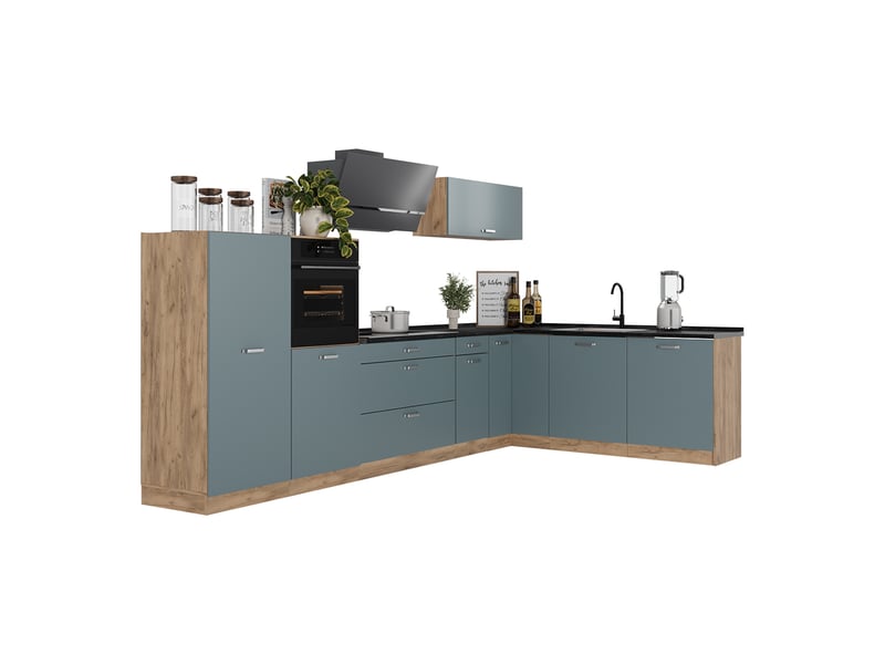 Vicco cuisine en angle, bleu-grischêne doré, 347 x cm plan de travail marbre - Conforama E