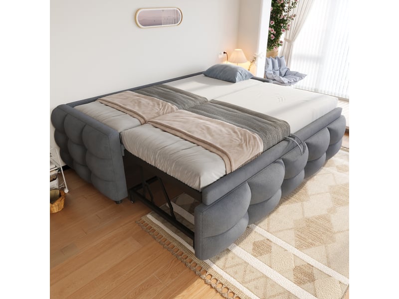  Lit banquette extensible 1 ou 2 places, en tissu teddy gris, couchage 90x190 cm et 180x190 cm, sans matelas  - Conforama C