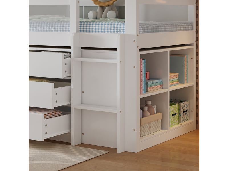  Lit mezzanine enfant 90x200 cm - avec échelle - avec 3 tiroirs et des compartiments de rangement ouverts - bois massif + mdf - blanc (sans matelas)  - Conforama W