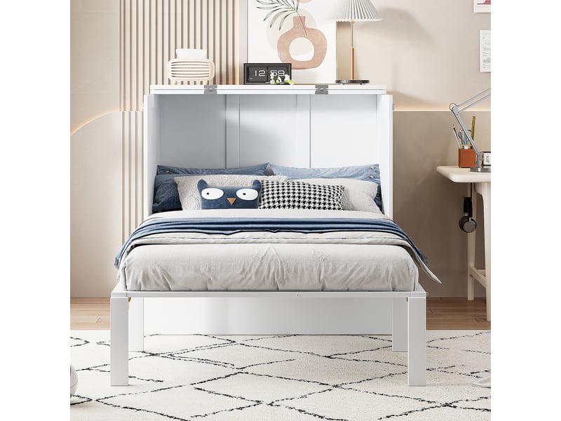  Lit enfant 90 x 200 cm, lit 1 personne avec sommier a lattes, lit rabattable mural, lit escamotable avec sommier a lattes, blanc  - Conforama D