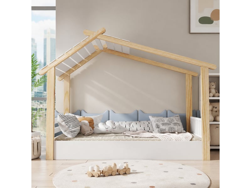  Lit enfant simple maison blanc et naturel 90 x 190 cm  - Conforama D