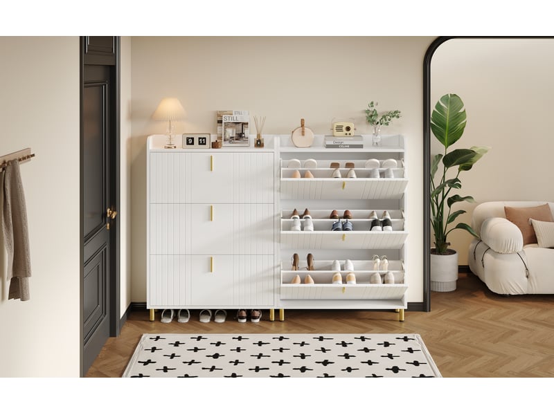  Ensemble de 2 meubles à chaussures blancs, 3 abattants, 6 compartiments, réglable, anti-basculement, 80×23,5×123,5 cm  - Conforama D