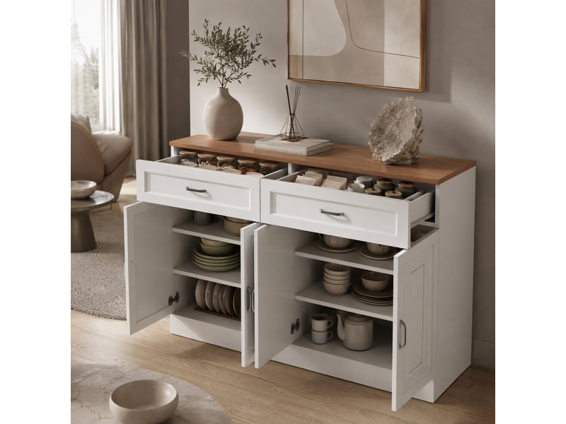  Buffet bas 4 portes et 2 tiroirs en bois et blanc 120 x 35 x 80,5 cm  - Conforama B