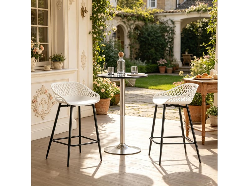  Lot de 2 tabourets de bar avec dossier ajouré, repose-pieds et structure stable, en métal et polypropylène blanc  - Conforama C