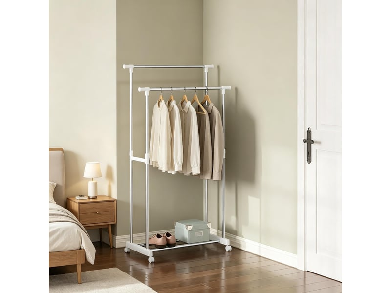  Portant à vêtements extensible sur roulettes, double barre, penderie ouverte  - Conforama D