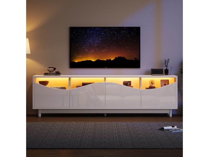  Meuble tv blanc laqué 175 cm avec led bluetooth, design incurvé et portes en verre trempé, pour écran jusqu'à 70 pouces  - Conforama B