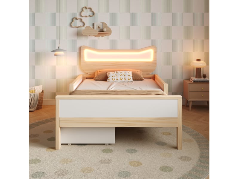 Lit enfant 90 x 200 cm, tête de lit chat avec led rgb, tiroir réversible blanc chêne - Conforama E