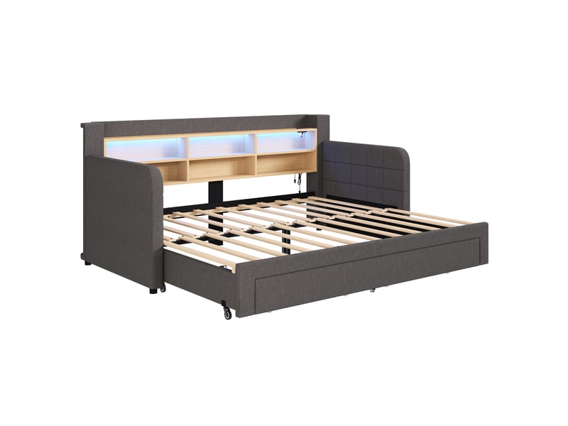  Lit de jour extensible, 90 x 200 cm, éclairage led, avec tiroirs, sans matelas, lin, gris  - Conforama D