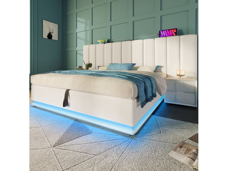 Lit coffre 160 x 200 cm blanc en pu avec matelas, led, ports usb et usb-c - Conforama C