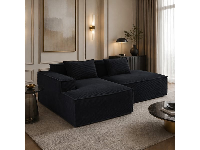  Canapé droit 3 places compact avec assise à ressorts ensachés  - deux coussins, polyester noir 235 cm  - Conforama B