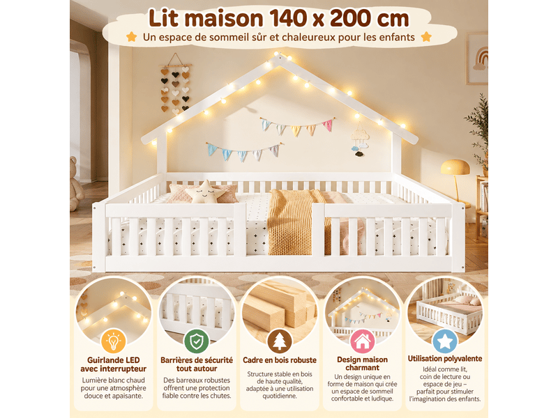 Lit cabane 140x200 cm en bois avec barrière de sécurité, éclairage led et toit maison, lit enfant, blanc OMNIGLINT TRADING LTD - Conforama E