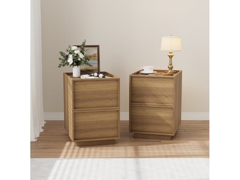  Lot de 2 tables de chevet 48x38x54 cm, 2 tiroirs, sans poignées, meuble de chambre, mdf et aggloméré, couleur chêne  - Conforama B
