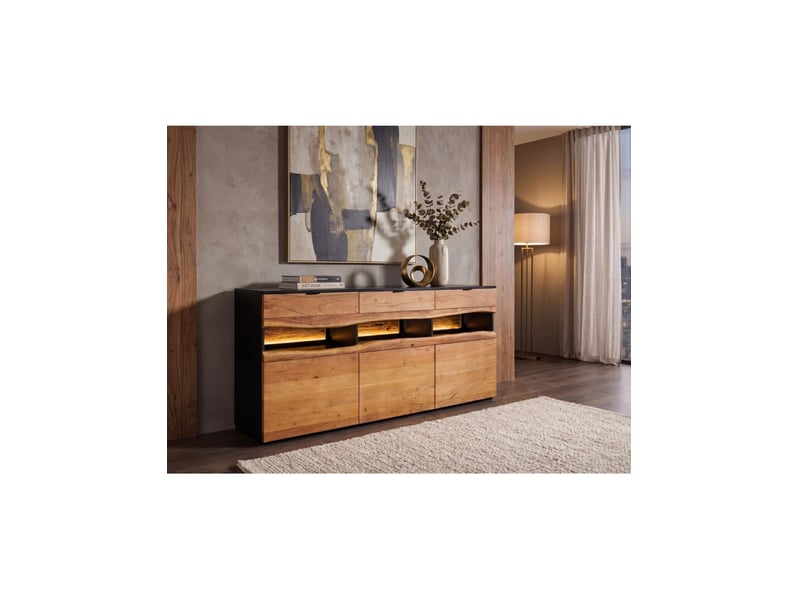  Buffet nairobi 180 cm en bois d'acacia marron et noir – 3 portes, 3 tiroirs et led intégrée  - Conforama B
