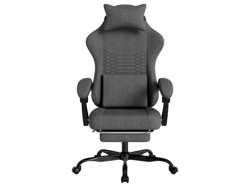  Chaise gaming de bureau en tissu gris foncé avec repose-pieds rétractable, appui-tête et dossier inclinable à 135°  - Conforama D