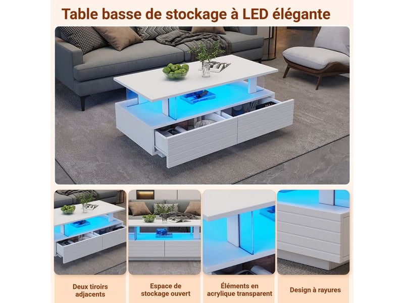  Table basse brillante - led contrôle app bluetooth &amp; 2 tiroirs - blanc - idéal soiréebureau 100x50x42cm - Conforama D