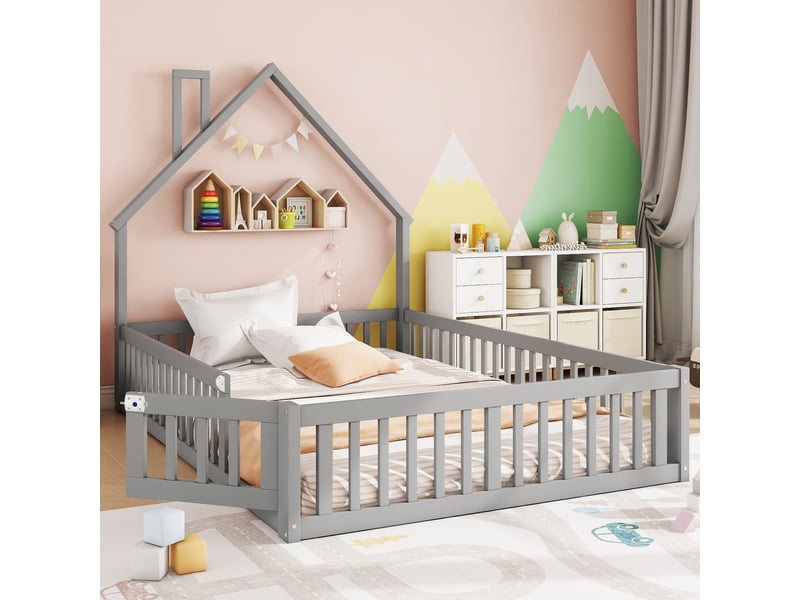  Lit enfant 140 × 190 cm 2 places avec barrière de sécurité et forme cheminée, sans matelas, en pin, gris  - Conforama B