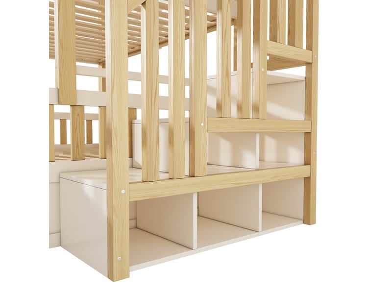 Lit superposé cabane 90x200 et 140x200 cm avec escalier et coffre Fay Lum - Conforama R