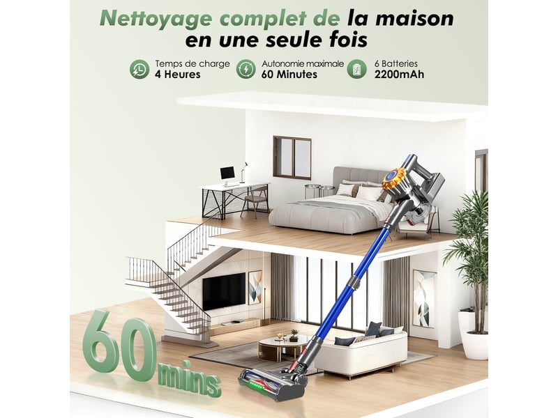  Aspirateur balai auto-portant puissant sans fil42kpa, 60 min d'autonomie, 2 vitesses, 6 en 1, capacité 1,6l, lumière verte  - Conforama C