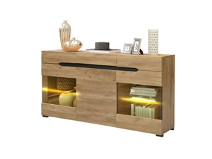 Buffet moderne led chêne 140x35x80 cm bahut 3 portes 3 tiroirs meuble de rangement