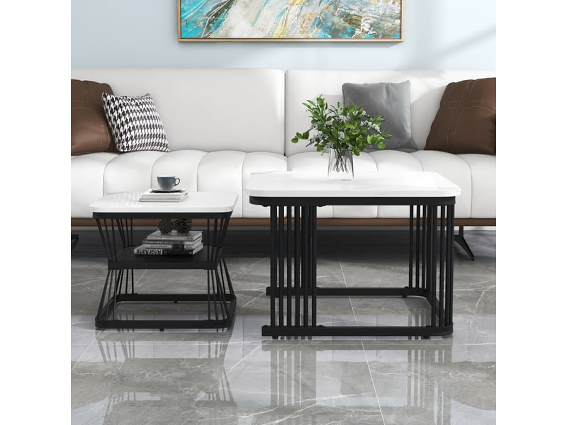  Lot de 2 tables basses gigognes effet marbre blanc pieds en acier noir  - Conforama E