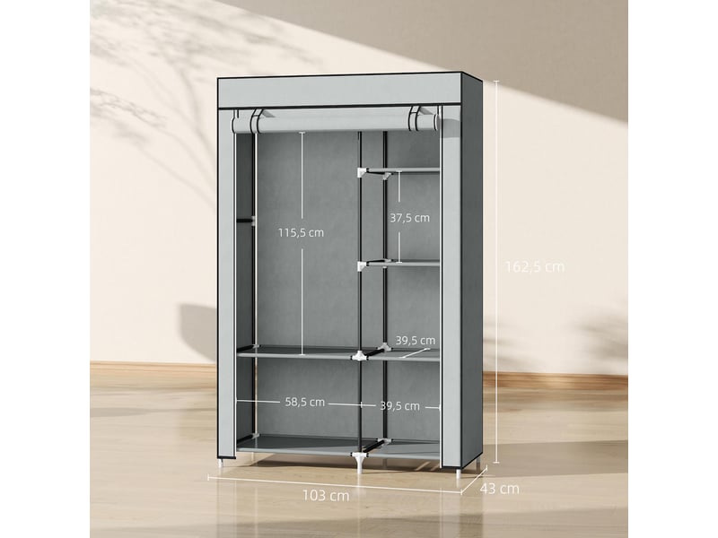  Armoire penderie 6 étagères 1 barre tissu non tissé acier gris clair 103x43x162,5 cm  - Conforama C