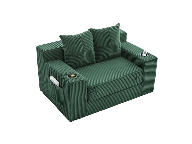  Fauteuil pouf avec poches latérales, coussins mobiles et accoudoirs, en velours côtelé vert émeraude, 151 × 133 × 64 cm  - Conforama A