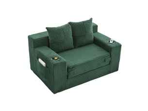 Fauteuil pouf avec poches latérales, coussins mobiles et accoudoirs, en velours côtelé vert émeraude, 151 × 133 × 64 cm