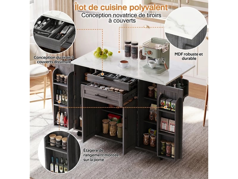  Îlot de cuisine mobile, desserte de cuisine sur roulettes, plan extensible 136cm  - Conforama B