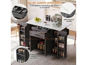Îlot de cuisine mobile, desserte de cuisine sur roulettes, plan extensible 136cm
