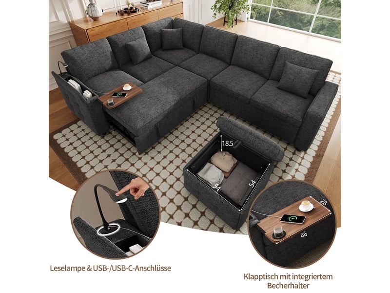 Canapé d'angle convertible 7 places, coffre de rangement, led, usb et usb-c, pouf, table rabattable, porte-gobelets - gris - Conforama D