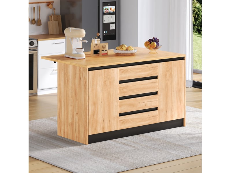  Îlot de cuisine 140 cm avec plan de travail rabattable, 4 tiroirs, naturel et noir  - Conforama B
