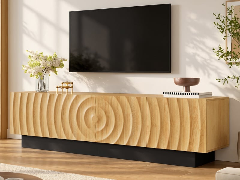  Meuble tv, 180 x 40 x 50 cm, portes à motif en relief arqué tridimensionnel, quatre portes de rangement, couleur naturel  - Conforama B