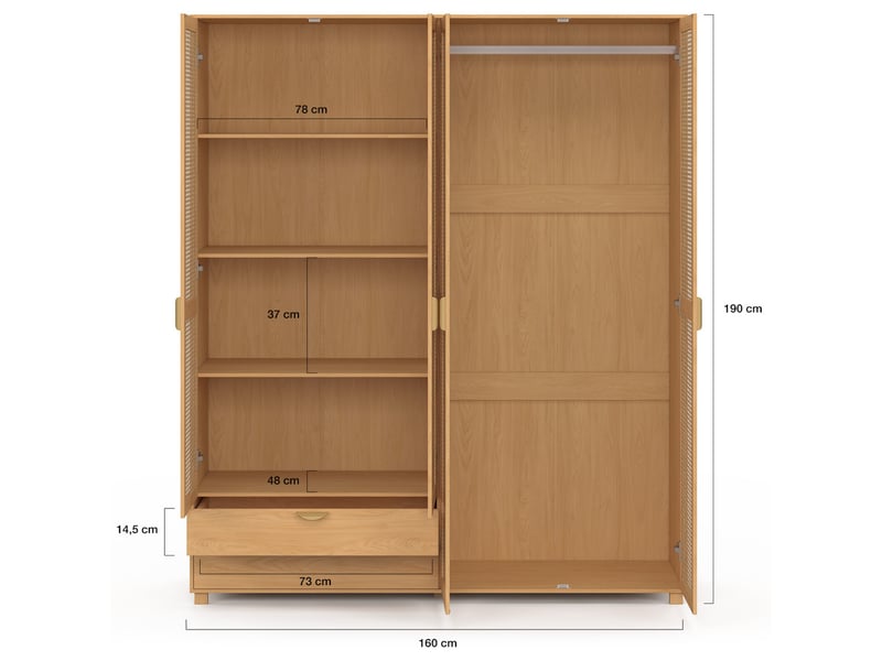 Armoire 4 portes edhen bois et cannage penderie 160 cm avec 2 tiroirs et étagères - Conforama D