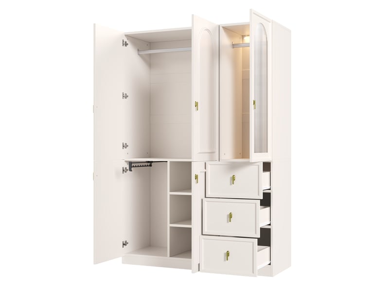 Armoire blanche 135x48x200 cm avec éclairage led, 5 portes, 3 tiroirs et verre cannelé - Conforama A