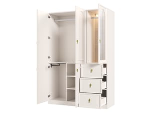 Armoire blanche 135x48x200 cm avec éclairage led, 5 portes, 3 tiroirs et verre cannelé