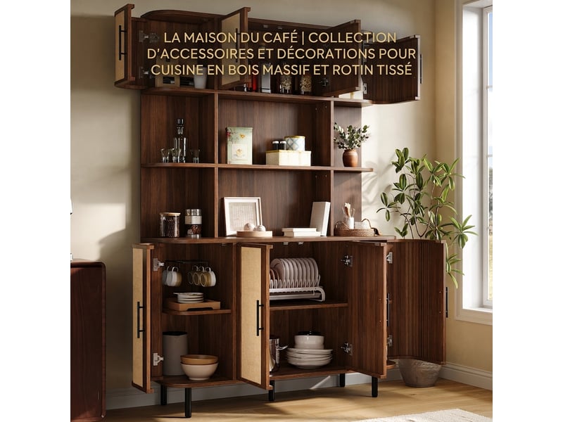  Armoire haute en noyer buffet avec façade en rotin meuble de rangement 8 portes 120x180cm  - Conforama D